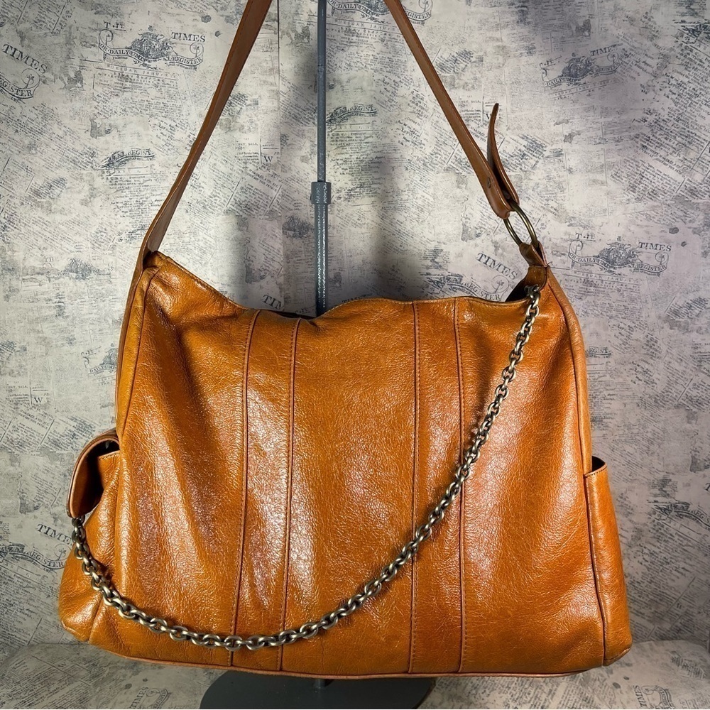 Vintage BCBGMAXAZRIA Large Leather Hobo Bag Chain Strap Slouchy Y2K Shoulder Bag